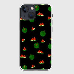 Чехол для iPhone 13 mini с принтом Арбуз на черном фоне в Екатеринбурге,  |  | food | pattern | red | ripe | round | seeds | slice | slices | small | summer | watermelon | whole | арбуз | горох | еда | красный | круглый | кусочки | летний | ломтик | мелкий | нарезанный | паттерн | пища | семечки | спелый | целый