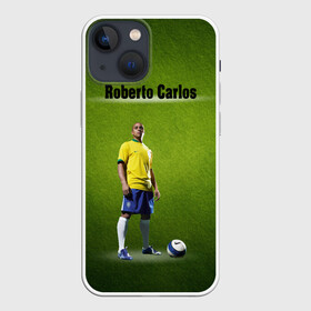 Чехол для iPhone 13 mini с принтом Roberto Carlos в Екатеринбурге,  |  | ball | green | roberto carlos | roberto carlos lettering | roberto carlos print | soccer field | зеленый | мяч | надпись роберто карлос | номер 3 | принт роберто карлос | роберто карлос | футболист | футбольное по