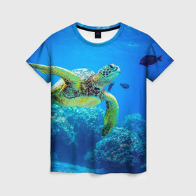 Женская футболка 3D с принтом Морская черепаха в Екатеринбурге, 100% полиэфир ( синтетическое хлопкоподобное полотно) | прямой крой, круглый вырез горловины, длина до линии бедер | морская черепаха | океан | подводный мир | черепаха