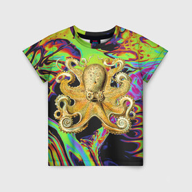 Детская футболка 3D с принтом Octopus Ink в Екатеринбурге, 100% гипоаллергенный полиэфир | прямой крой, круглый вырез горловины, длина до линии бедер, чуть спущенное плечо, ткань немного тянется | abstraction | acid | kraken | ocean | octopus | sea | море | осьминог