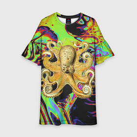 Детское платье 3D с принтом Octopus Ink в Екатеринбурге, 100% полиэстер | прямой силуэт, чуть расширенный к низу. Круглая горловина, на рукавах — воланы | Тематика изображения на принте: abstraction | acid | kraken | ocean | octopus | sea | море | осьминог