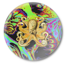 Значок с принтом Octopus Ink в Екатеринбурге,  металл | круглая форма, металлическая застежка в виде булавки | Тематика изображения на принте: abstraction | acid | kraken | ocean | octopus | sea | море | осьминог