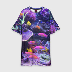 Детское платье 3D с принтом Коралловые рыбки в Екатеринбурге, 100% полиэстер | прямой силуэт, чуть расширенный к низу. Круглая горловина, на рукавах — воланы | Тематика изображения на принте: дно морское | коралловые | кораллы | море | подводный мир | рыбки