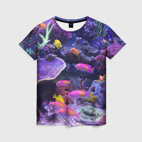 Женская футболка 3D с принтом Коралловые рыбки в Екатеринбурге, 100% полиэфир ( синтетическое хлопкоподобное полотно) | прямой крой, круглый вырез горловины, длина до линии бедер | дно морское | коралловые | кораллы | море | подводный мир | рыбки