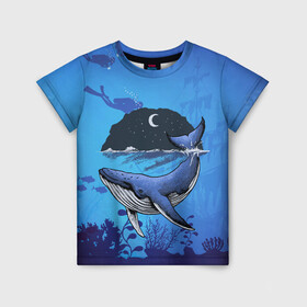 Детская футболка 3D с принтом Синий кит в Екатеринбурге, 100% гипоаллергенный полиэфир | прямой крой, круглый вырез горловины, длина до линии бедер, чуть спущенное плечо, ткань немного тянется | дайверы | киты | корабль | море | океан