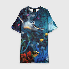 Детское платье 3D с принтом Морская черепаха в Екатеринбурге, 100% полиэстер | прямой силуэт, чуть расширенный к низу. Круглая горловина, на рукавах — воланы | коралловые | кораллы | море | морская черепаха | морские обитатели | океан | подводный мир | рыбки