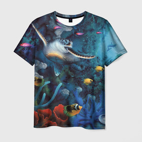 Мужская футболка 3D с принтом Морская черепаха в Екатеринбурге, 100% полиэфир | прямой крой, круглый вырез горловины, длина до линии бедер | Тематика изображения на принте: коралловые | кораллы | море | морская черепаха | морские обитатели | океан | подводный мир | рыбки