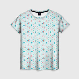 Женская футболка 3D с принтом Морской узор в Екатеринбурге, 100% полиэфир ( синтетическое хлопкоподобное полотно) | прямой крой, круглый вырез горловины, длина до линии бедер | кораблик | морской узор | спасательный круг | якорь | якоря | яхта
