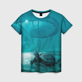 Женская футболка 3D с принтом Медуза и черепаха в Екатеринбурге, 100% полиэфир ( синтетическое хлопкоподобное полотно) | прямой крой, круглый вырез горловины, длина до линии бедер | медуза | медуза в море | черепаха