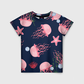 Детская футболка 3D с принтом розовые медузы в Екатеринбурге, 100% гипоаллергенный полиэфир | прямой крой, круглый вырез горловины, длина до линии бедер, чуть спущенное плечо, ткань немного тянется | водоросли | медузы | морская звезда | морские жители | на глубине | розовые медузы