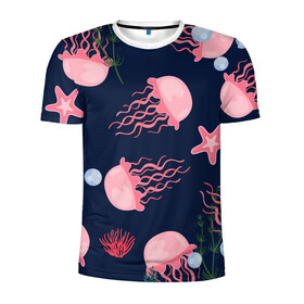 Мужская футболка 3D спортивная с принтом розовые медузы в Екатеринбурге, 100% полиэстер с улучшенными характеристиками | приталенный силуэт, круглая горловина, широкие плечи, сужается к линии бедра | водоросли | медузы | морская звезда | морские жители | на глубине | розовые медузы