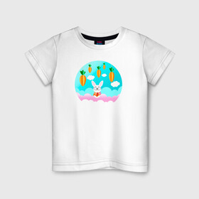 Детская футболка хлопок с принтом Зайчик в Екатеринбурге, 100% хлопок | круглый вырез горловины, полуприлегающий силуэт, длина до линии бедер | белый | белый кролик | детская иллюстрация | для новорожденного | для ребенка | зайчик | кролик | морковка | мультик | небо | облака | пасха | природа