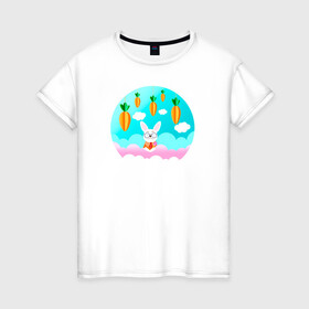 Женская футболка хлопок с принтом Зайчик в Екатеринбурге, 100% хлопок | прямой крой, круглый вырез горловины, длина до линии бедер, слегка спущенное плечо | белый | белый кролик | детская иллюстрация | для новорожденного | для ребенка | зайчик | кролик | морковка | мультик | небо | облака | пасха | природа