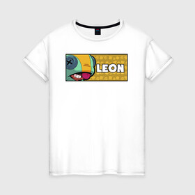 Женская футболка хлопок с принтом LEON (ПЛАШКА) в Екатеринбурге, 100% хлопок | прямой крой, круглый вырез горловины, длина до линии бедер, слегка спущенное плечо | android | brawl | brawl stars | clash | game | leon | stars | андроид | игра | леон | мобильные игры