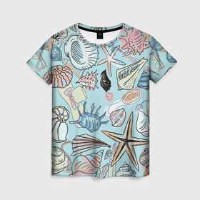 Женская футболка 3D с принтом Морские обитатели в Екатеринбурге, 100% полиэфир ( синтетическое хлопкоподобное полотно) | прямой крой, круглый вырез горловины, длина до линии бедер | звезды | морские животные | морские обитатели | очки | пляжный отдых | ракушки | расческа | улитки