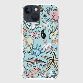Чехол для iPhone 13 mini с принтом Морские обитатели в Екатеринбурге,  |  | звезды | морские животные | морские обитатели | очки | пляжный отдых | ракушки | расческа | улитки