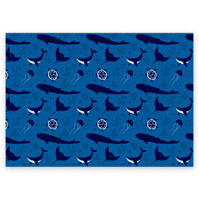 Поздравительная открытка с принтом Подводный мир в Екатеринбурге, 100% бумага | плотность бумаги 280 г/м2, матовая, на обратной стороне линовка и место для марки
 | whale | акулы | кит | киты | медуза | медузы | море | морские | океан | паттерн | подводный | скаты | черепаха | черепахами