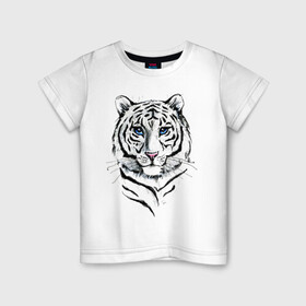 Детская футболка хлопок с принтом Белый тигр в Екатеринбурге, 100% хлопок | круглый вырез горловины, полуприлегающий силуэт, длина до линии бедер | Тематика изображения на принте: альфа | белый | дикие | дикий | животные | звери | зверь | кот | котик | крутой | полоски | принт | природа | самец | тигр | тигриныйкрасивый