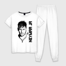 Женская пижама хлопок с принтом Neymar Jr черный портрет в Екатеринбурге, 100% хлопок | брюки и футболка прямого кроя, без карманов, на брюках мягкая резинка на поясе и по низу штанин | brazil | champions | fifa | junior | neymar | neymar jr | paris saint germain | psg | uefa | бразилия | джуниор | младший | наймар | неймар | пари сен жермен | петух | псж | сборная бразилии | уефа | фифа | футбик | футбол 