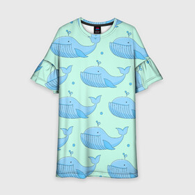 Детское платье 3D с принтом Киты в Екатеринбурге, 100% полиэстер | прямой силуэт, чуть расширенный к низу. Круглая горловина, на рукавах — воланы | Тематика изображения на принте: whale | кит | киты | море | океан | паттерн