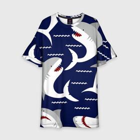 Детское платье 3D с принтом Акулы в Екатеринбурге, 100% полиэстер | прямой силуэт, чуть расширенный к низу. Круглая горловина, на рукавах — воланы | shark | акула | акуленок | акулы | жители | клыки | море | морские | океан | рыба | черные