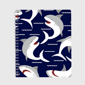 Тетрадь с принтом Акулы в Екатеринбурге, 100% бумага | 48 листов, плотность листов — 60 г/м2, плотность картонной обложки — 250 г/м2. Листы скреплены сбоку удобной пружинной спиралью. Уголки страниц и обложки скругленные. Цвет линий — светло-серый
 | shark | акула | акуленок | акулы | жители | клыки | море | морские | океан | рыба | черные