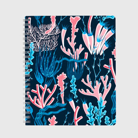 Тетрадь с принтом Подводный мир в Екатеринбурге, 100% бумага | 48 листов, плотность листов — 60 г/м2, плотность картонной обложки — 250 г/м2. Листы скреплены сбоку удобной пружинной спиралью. Уголки страниц и обложки скругленные. Цвет линий — светло-серый
 | colorful | coral | deep | sea | seamless | seaweed | водоросли | глубокий | коралл | красочный | паттерн | подводный мир