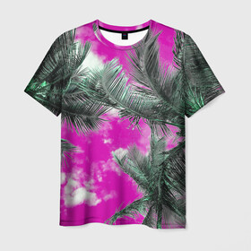 Мужская футболка 3D с принтом Palms Glitch в Екатеринбурге, 100% полиэфир | прямой крой, круглый вырез горловины, длина до линии бедер | glitch | palms | sky | trees | tropics