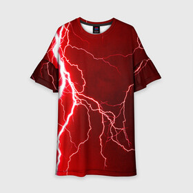 Детское платье 3D с принтом Red Lightning в Екатеринбурге, 100% полиэстер | прямой силуэт, чуть расширенный к низу. Круглая горловина, на рукавах — воланы | Тематика изображения на принте: energy | fire | lightning | storm | thunder