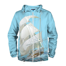 Мужская ветровка 3D с принтом The white wanderer в Екатеринбурге, 100% полиэстер | подол и капюшон оформлены резинкой с фиксаторами, два кармана без застежек по бокам, один потайной карман на груди | ocean | sea | ship | волны | океан | парусник
