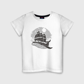 Детская футболка хлопок с принтом КИТ ФРЕГАТ WHALE FRIGATE (Z) в Екатеринбурге, 100% хлопок | круглый вырез горловины, полуприлегающий силуэт, длина до линии бедер | boat | frigate | mastodon | rorqual | sailboat | ship | ships | whale | бумага | кит | китовый | кораблик | кораблики | корабль | левиафан | лодка | мастак | мастодонт | мореход | одинокая лодка | парусник | столп | судно | фрегат