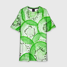 Детское платье 3D с принтом Green Kiwi в Екатеринбурге, 100% полиэстер | прямой силуэт, чуть расширенный к низу. Круглая горловина, на рукавах — воланы | Тематика изображения на принте: fresh | fruits | green | kiwi | киви
