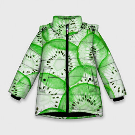 Зимняя куртка для девочек 3D с принтом Green Kiwi в Екатеринбурге, ткань верха — 100% полиэстер; подклад — 100% полиэстер, утеплитель — 100% полиэстер. | длина ниже бедра, удлиненная спинка, воротник стойка и отстегивающийся капюшон. Есть боковые карманы с листочкой на кнопках, утяжки по низу изделия и внутренний карман на молнии. 

Предусмотрены светоотражающий принт на спинке, радужный светоотражающий элемент на пуллере молнии и на резинке для утяжки. | Тематика изображения на принте: fresh | fruits | green | kiwi | киви