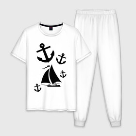 Мужская пижама хлопок с принтом Яхта в Екатеринбурге, 100% хлопок | брюки и футболка прямого кроя, без карманов, на брюках мягкая резинка на поясе и по низу штанин
 | корабль | паруса | парусник | судно | якорь | яхта