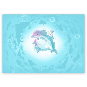 Поздравительная открытка с принтом Два дельфина в Екатеринбурге, 100% бумага | плотность бумаги 280 г/м2, матовая, на обратной стороне линовка и место для марки
 | Тематика изображения на принте: cute | dolphin | два дельфина | дельфин | дельфин в море | дельфинами | милый | мир | подводный