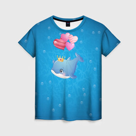 Женская футболка 3D с принтом Дельфин с воздушными шариками в Екатеринбурге, 100% полиэфир ( синтетическое хлопкоподобное полотно) | прямой крой, круглый вырез горловины, длина до линии бедер | cute | dolphin | два дельфина | дельфин | дельфин в море | дельфинами | милый | мир | подводный