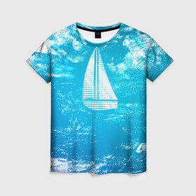 Женская футболка 3D с принтом Парусная лодка в Екатеринбурге, 100% полиэфир ( синтетическое хлопкоподобное полотно) | прямой крой, круглый вырез горловины, длина до линии бедер | sailboat | кораблик | корабль | лодка | на голубом | парус | паруса | парусная лодка | халфтон