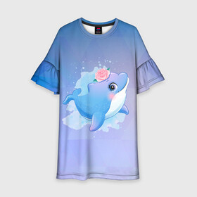 Детское платье 3D с принтом Дельфинчик в Екатеринбурге, 100% полиэстер | прямой силуэт, чуть расширенный к низу. Круглая горловина, на рукавах — воланы | Тематика изображения на принте: cute | dolphin | дельфин | дельфин в море | дельфинами | дельфинчик | милый | мир | подводный