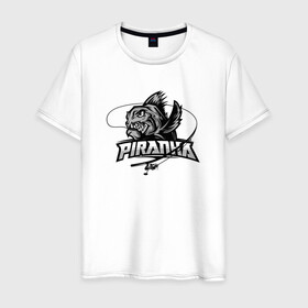Мужская футболка хлопок с принтом Пиранья в Екатеринбурге, 100% хлопок | прямой крой, круглый вырез горловины, длина до линии бедер, слегка спущенное плечо. | black and white | black fish | fish | piranha | море | океан | пиранья | рыбка | с надписями | удочка | черная рыба