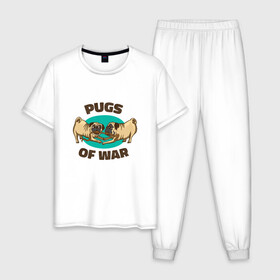 Мужская пижама хлопок с принтом Pugs of War - Мопсы войны в Екатеринбурге, 100% хлопок | брюки и футболка прямого кроя, без карманов, на брюках мягкая резинка на поясе и по низу штанин
 | art | cute pugs | english | funny art | game | god of war | parody | pug | английская надпись | год оф вар | игра | иллюстрация | канат | милые мопсы | мопс | мопсики | пародия | перетягивание каната | прикол | пуг | пугель | рисунок