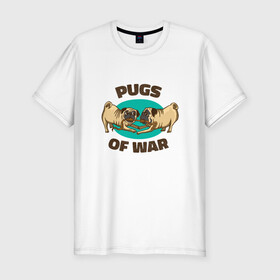 Мужская футболка хлопок Slim с принтом Pugs of War - Мопсы войны в Екатеринбурге, 92% хлопок, 8% лайкра | приталенный силуэт, круглый вырез ворота, длина до линии бедра, короткий рукав | art | cute pugs | english | funny art | game | god of war | parody | pug | английская надпись | год оф вар | игра | иллюстрация | канат | милые мопсы | мопс | мопсики | пародия | перетягивание каната | прикол | пуг | пугель | рисунок