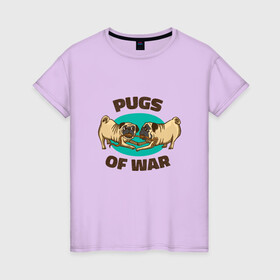 Женская футболка хлопок с принтом Pugs of War - Мопсы войны в Екатеринбурге, 100% хлопок | прямой крой, круглый вырез горловины, длина до линии бедер, слегка спущенное плечо | art | cute pugs | english | funny art | game | god of war | parody | pug | английская надпись | год оф вар | игра | иллюстрация | канат | милые мопсы | мопс | мопсики | пародия | перетягивание каната | прикол | пуг | пугель | рисунок