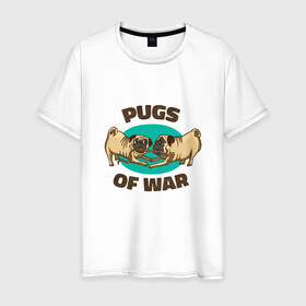 Мужская футболка хлопок с принтом Pugs of War - Мопсы войны в Екатеринбурге, 100% хлопок | прямой крой, круглый вырез горловины, длина до линии бедер, слегка спущенное плечо. | art | cute pugs | english | funny art | game | god of war | parody | pug | английская надпись | год оф вар | игра | иллюстрация | канат | милые мопсы | мопс | мопсики | пародия | перетягивание каната | прикол | пуг | пугель | рисунок