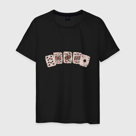 Мужская футболка хлопок с принтом Royal Flush Флеш Роял Покер в Екатеринбурге, 100% хлопок | прямой крой, круглый вырез горловины, длина до линии бедер, слегка спущенное плечо. | art | cards | casino | king | play cards | poker | retro | texas hold em | vintage | арт | валет | винтаж | дама | игральные карты | иллюстрация | казино | комбинация | король | ретро | старые карты | техасский холд | туз | флеш рояль