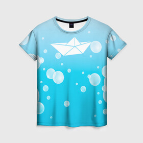 Женская футболка 3D с принтом Бумажный кораблик в Екатеринбурге, 100% полиэфир ( синтетическое хлопкоподобное полотно) | прямой крой, круглый вырез горловины, длина до линии бедер | бумажный | кораблик | кораблики на синем | корабль | пузыри