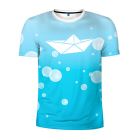 Мужская футболка 3D спортивная с принтом Бумажный кораблик в Екатеринбурге, 100% полиэстер с улучшенными характеристиками | приталенный силуэт, круглая горловина, широкие плечи, сужается к линии бедра | бумажный | кораблик | кораблики на синем | корабль | пузыри