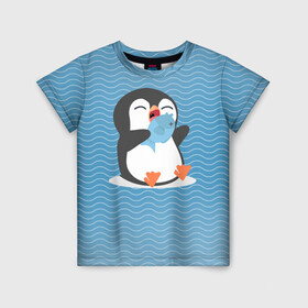 Детская футболка 3D с принтом Пингвин в Екатеринбурге, 100% гипоаллергенный полиэфир | прямой крой, круглый вырез горловины, длина до линии бедер, чуть спущенное плечо, ткань немного тянется | ест рыбу | морские | океан | пингвин | пингвинчик | рыба | рыбку
