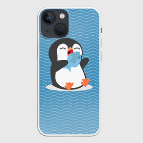 Чехол для iPhone 13 mini с принтом Пингвин в Екатеринбурге,  |  | ест рыбу | морские | океан | пингвин | пингвинчик | рыба | рыбку