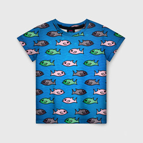 Детская футболка 3D с принтом Рыбки в Екатеринбурге, 100% гипоаллергенный полиэфир | прямой крой, круглый вырез горловины, длина до линии бедер, чуть спущенное плечо, ткань немного тянется | fish | море | морские | на синем | паттерн | рыба | рыбки | рыбы