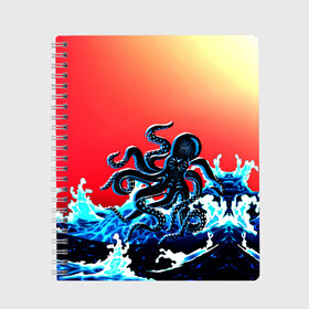 Тетрадь с принтом Кракен в Море | Градиент в Екатеринбурге, 100% бумага | 48 листов, плотность листов — 60 г/м2, плотность картонной обложки — 250 г/м2. Листы скреплены сбоку удобной пружинной спиралью. Уголки страниц и обложки скругленные. Цвет линий — светло-серый
 | animal | beast | fade | kraken | monster | moon | ocean | octopus | sea | water | waves | вода | волны | градиент | животные | звери | кракен | луна | монстр | море | океан | осьминог | рыбы | щупальца